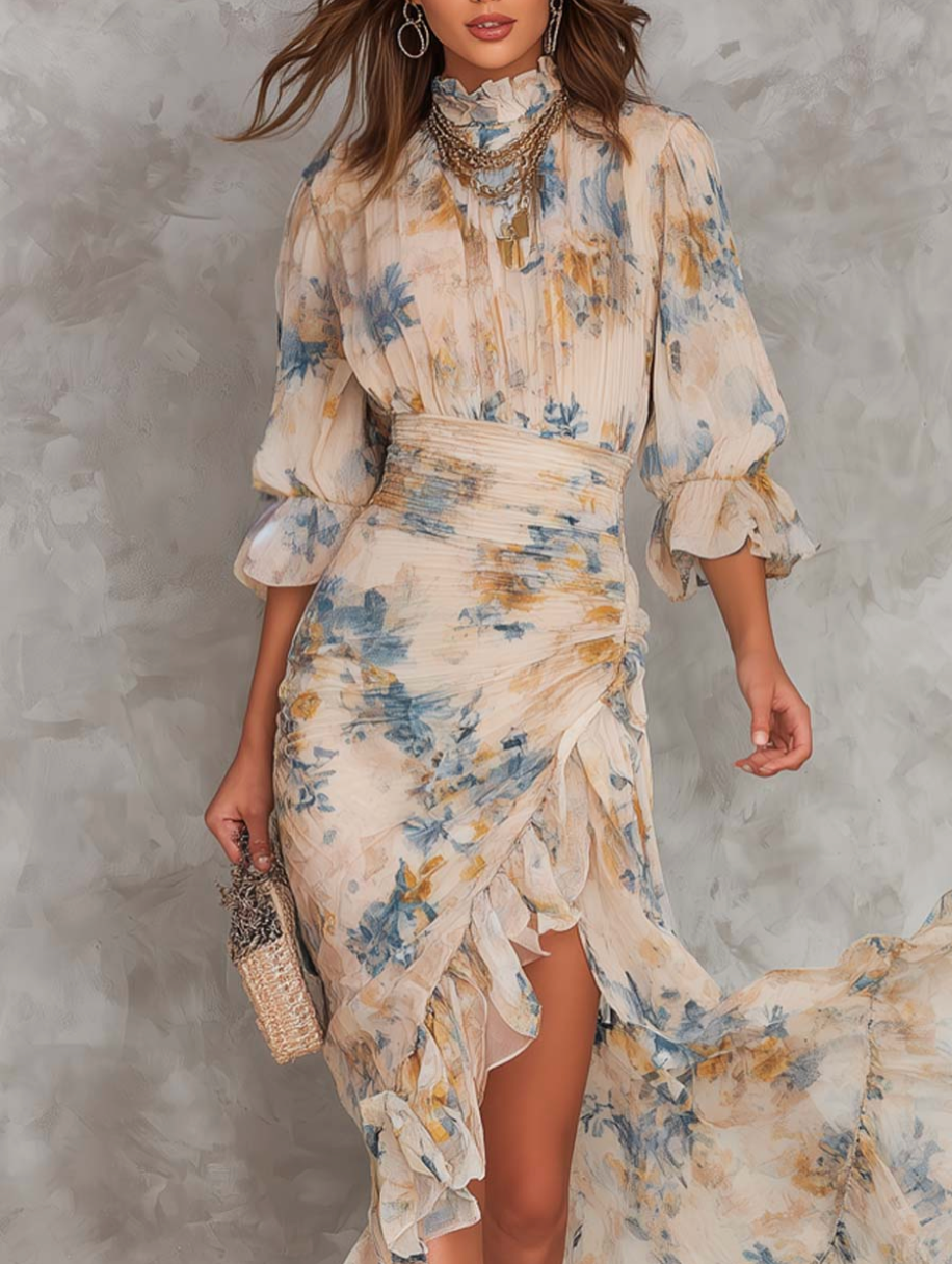 Useya - Beige Turtleneck Oil Painting Floral Print Chiffon Maxi Dress