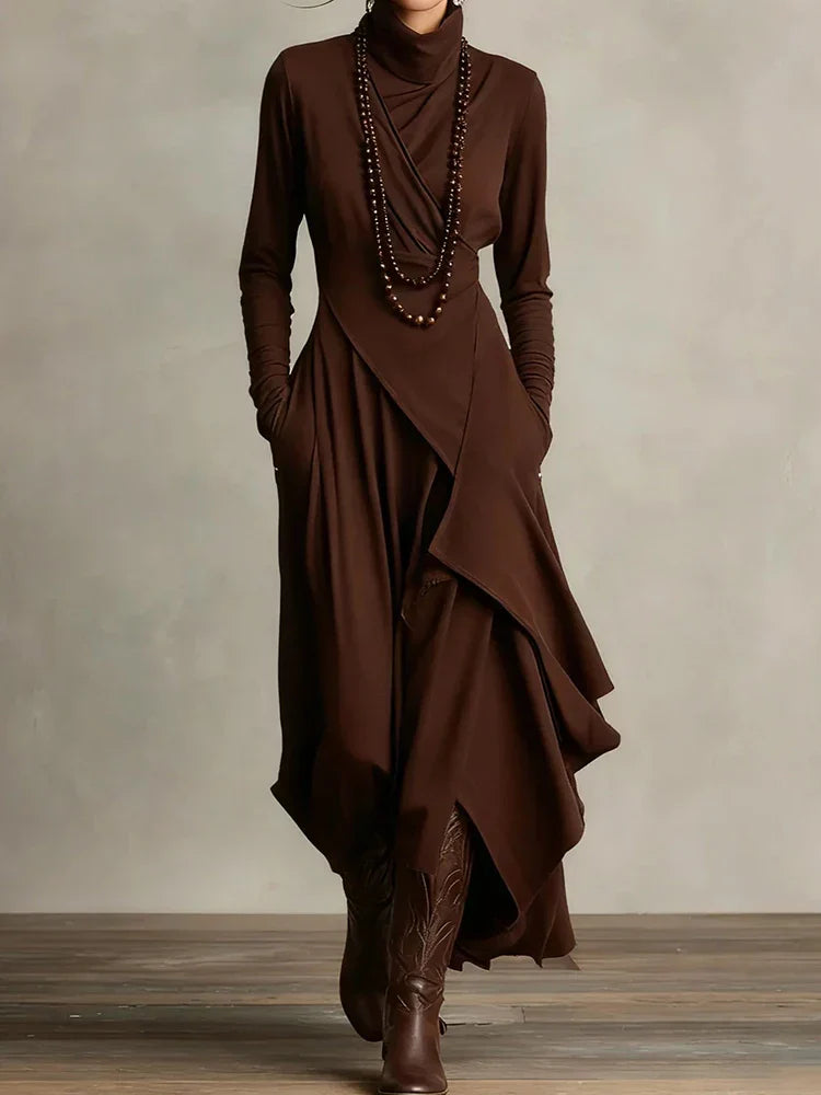 Carrie – Asymmetrical Knit Maxi Dress with Turtleneck