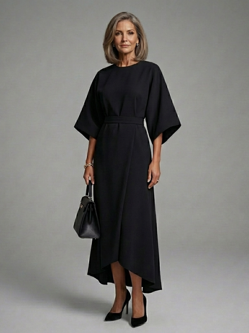 Sirenna - Asymmetrical Midi Dress With Cape Sleeve And Defined Waist
