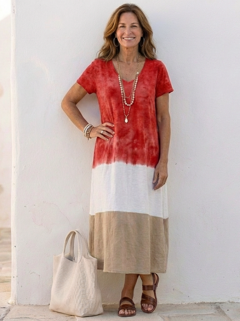 Elmira - Short Sleeve Color Block V Neck Midi Dress