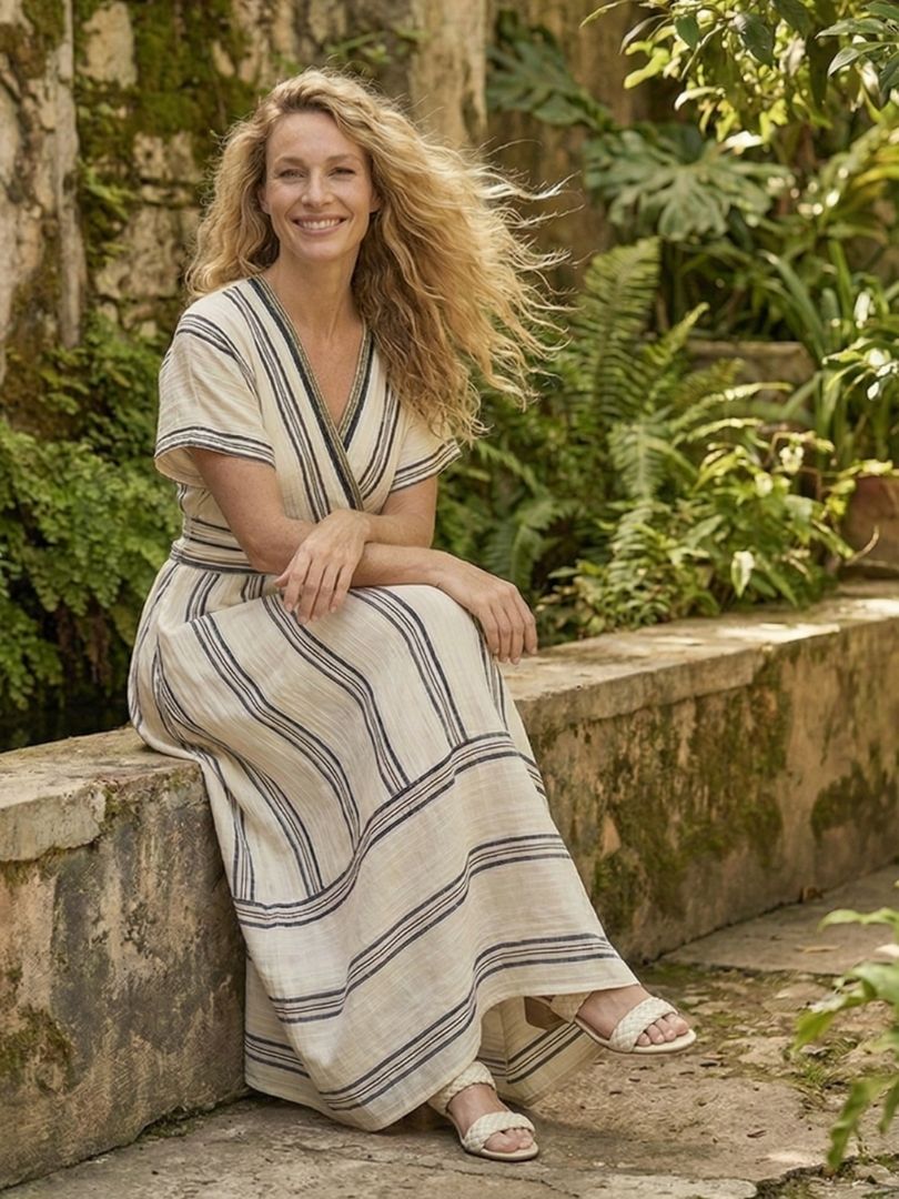 Thalia - V Neck Short Sleeve Wrap Waist Midi Dress