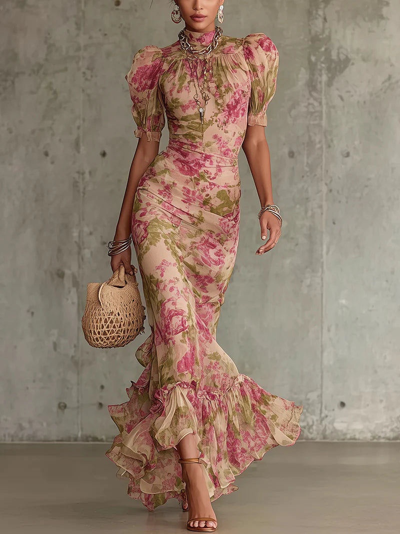 Pola - Vintage Rose Print Maxi Dress With Puff Sleeves