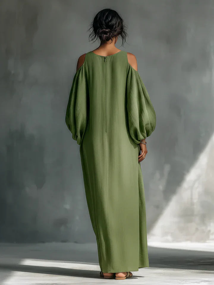 Faye - Green Chiffon Off Shoulder Short Sleeve Midi Dress