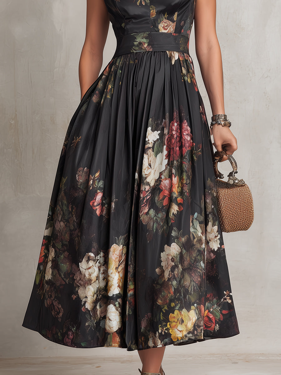 Sam - Black Keyhole Collar Floral Pleated Satin Midi Dress