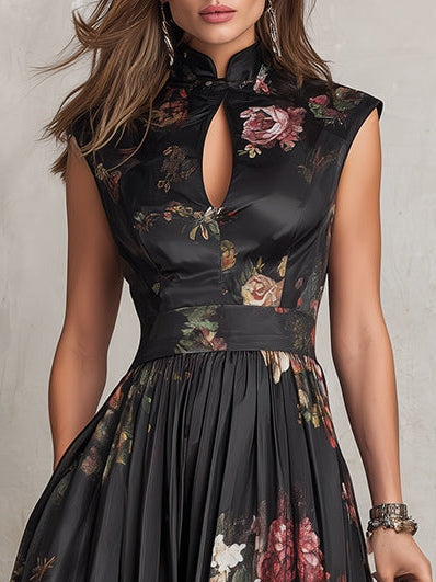 Sam - Black Keyhole Collar Floral Pleated Satin Midi Dress