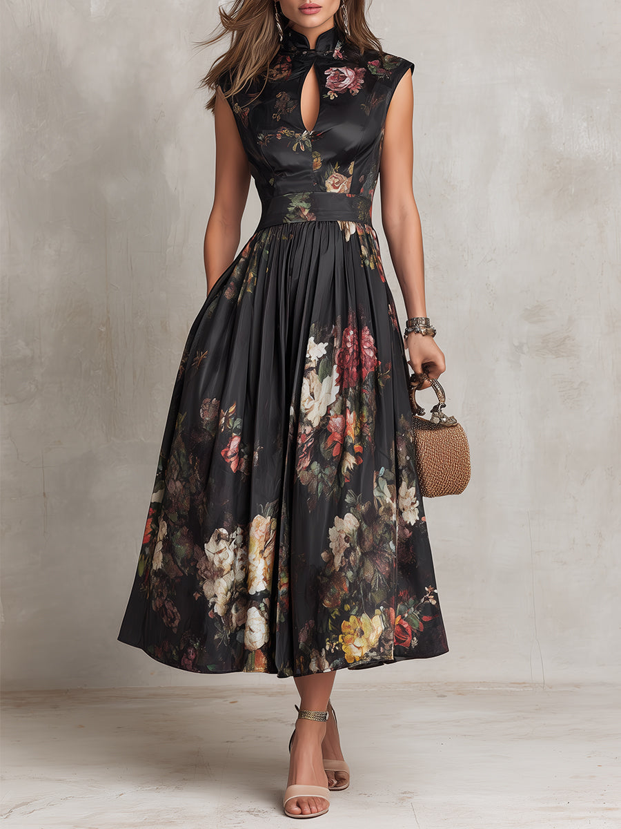 Sam - Black Keyhole Collar Floral Pleated Satin Midi Dress