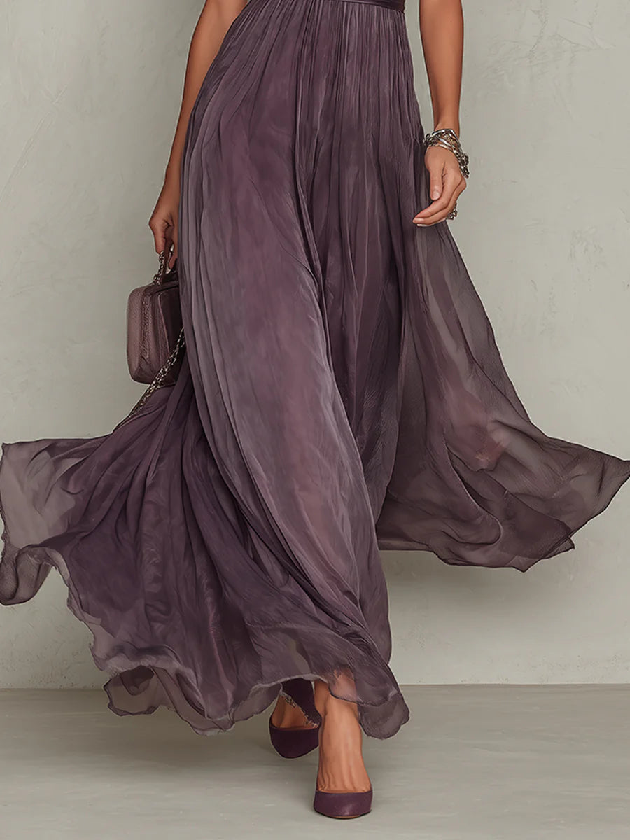 Ola - Purple Keyhole Neckline Chiffon Lace Trim Maxi Dress