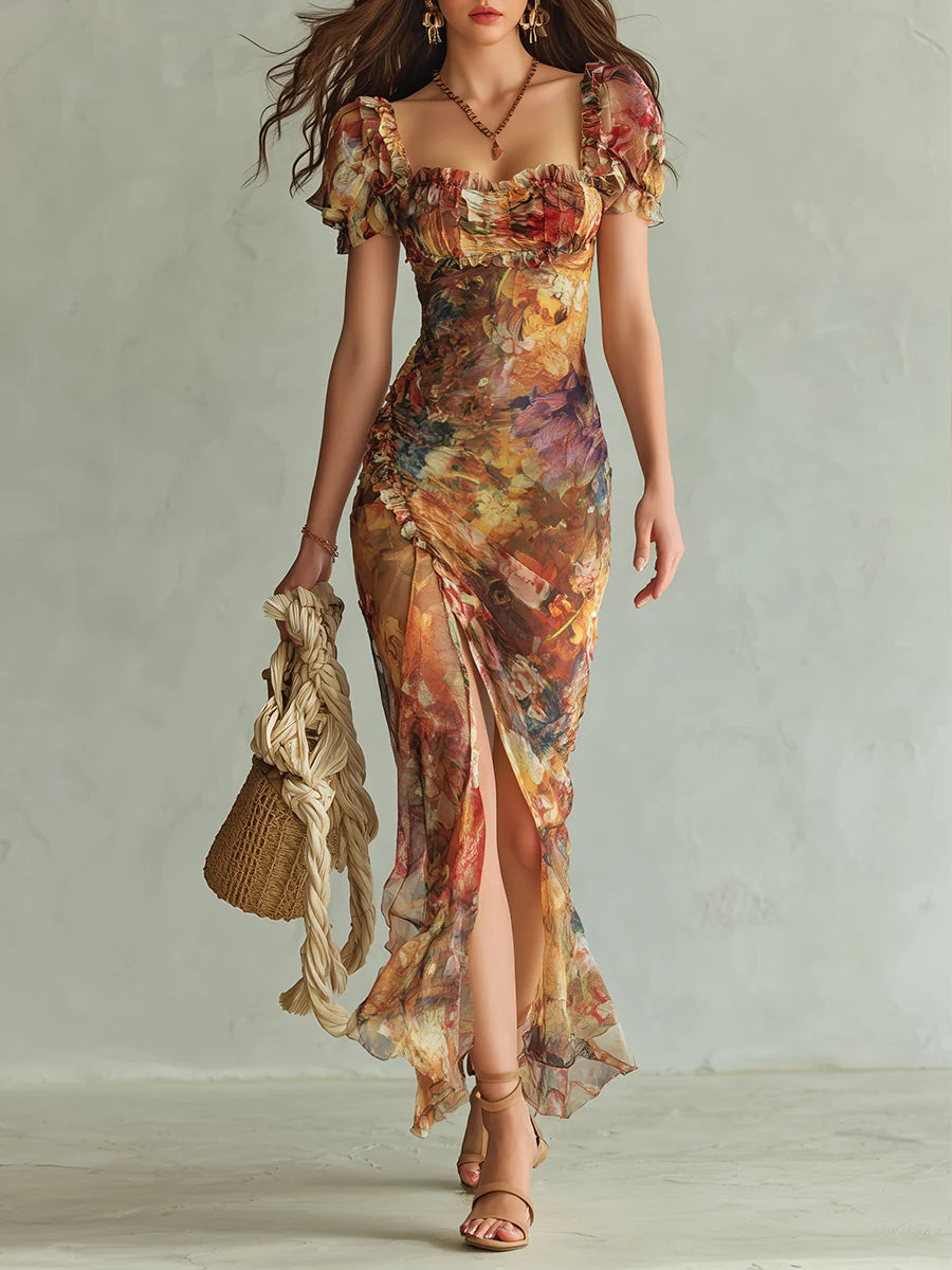 Rica - Orange Bohemian Holiday Oil Painting Print Chiffon Maxi Dress