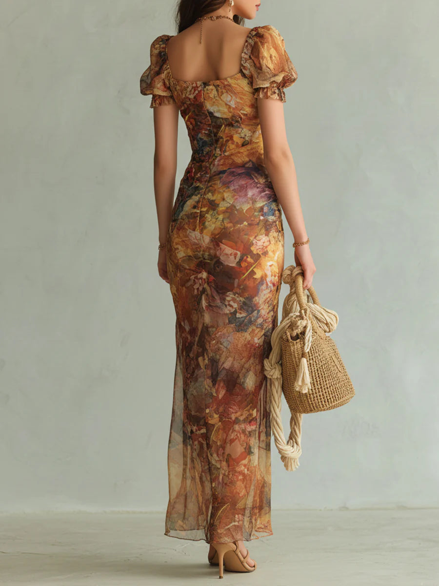 Rica - Orange Bohemian Holiday Oil Painting Print Chiffon Maxi Dress
