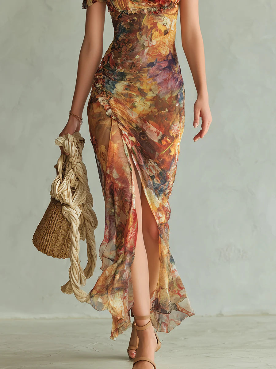 Rica - Orange Bohemian Holiday Oil Painting Print Chiffon Maxi Dress