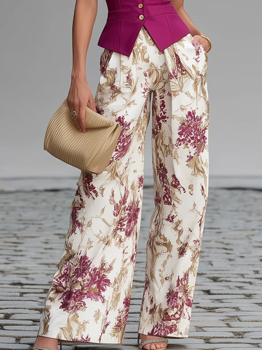 Anne - Rose Pink Sleeveless Vest and Floral Printed Wide-Leg Pants Set