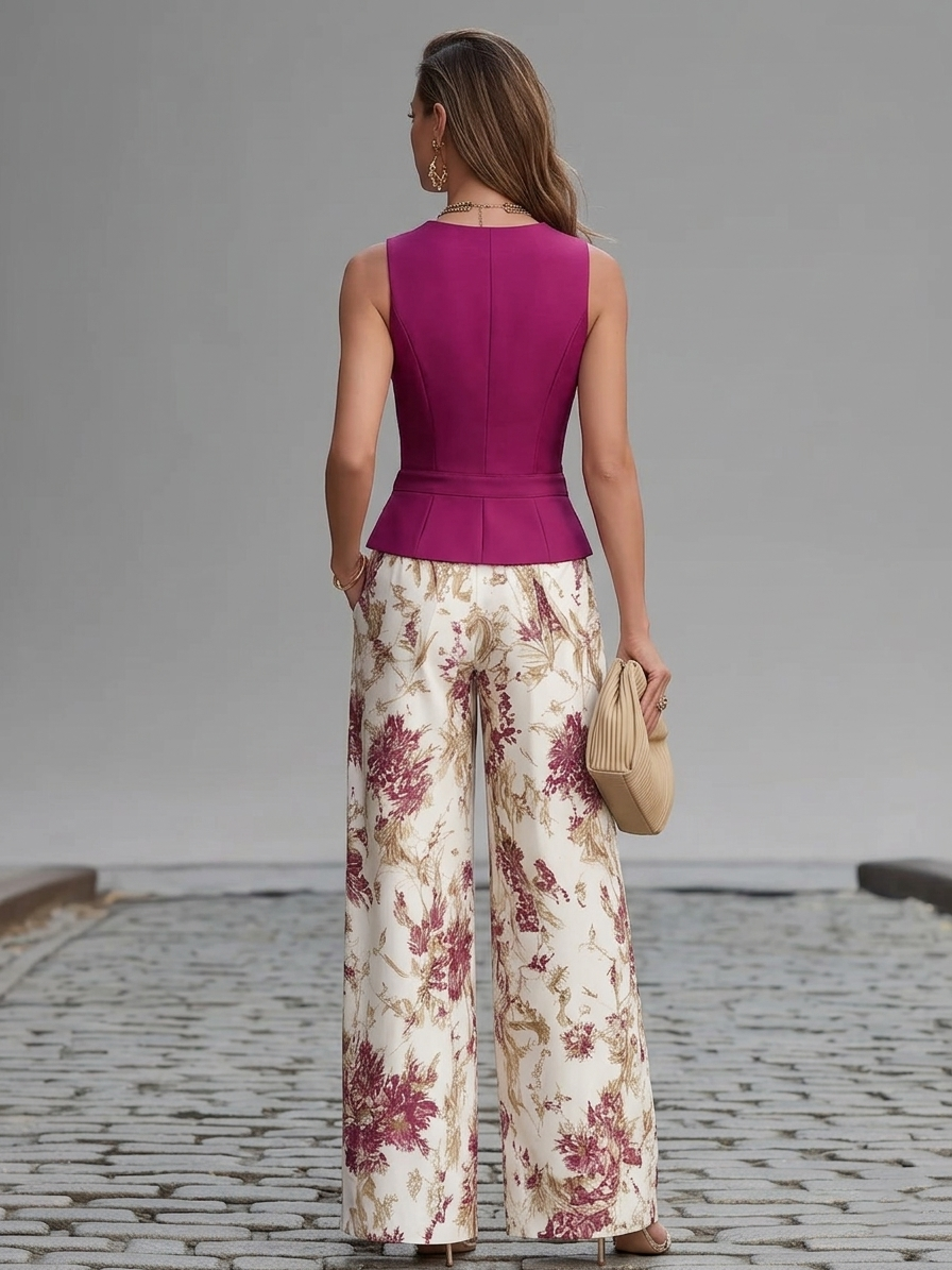 Anne - Rose Pink Sleeveless Vest and Floral Printed Wide-Leg Pants Set