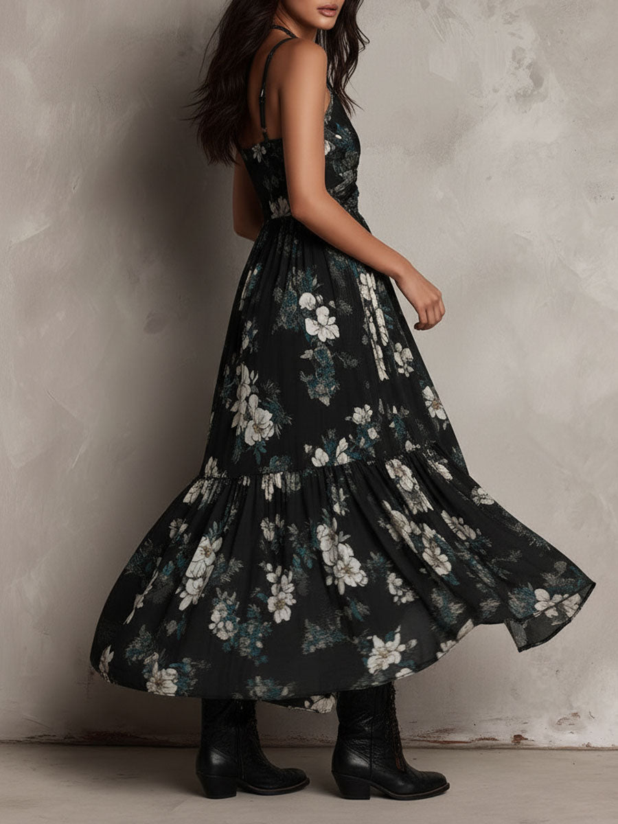 Kaye - Black Bohemian Floral Print Irregular Strapless Maxi Dress