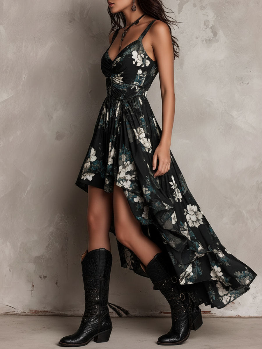 Kaye - Black Bohemian Floral Print Irregular Strapless Maxi Dress