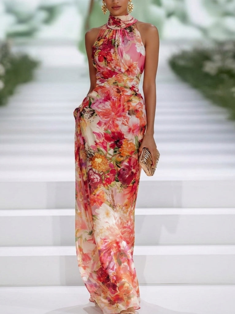 Zia - Red Chiffon Floral Halter-neck Sleeveless Maxi Dress