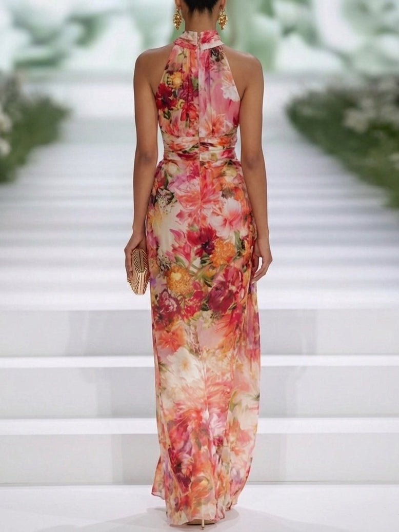 Zia - Red Chiffon Floral Halter-neck Sleeveless Maxi Dress