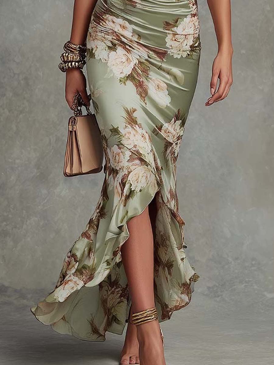 Laira - Green Floral Ruffled Bell Sleeve V-Neck Satin Maxi Dress