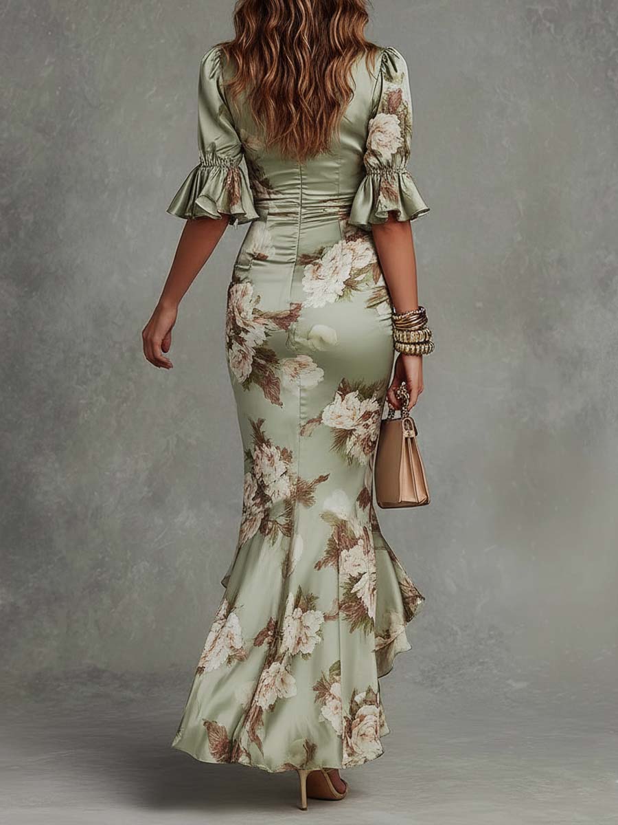 Laira - Green Floral Ruffled Bell Sleeve V-Neck Satin Maxi Dress