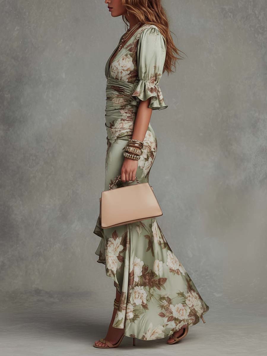 Laira - Green Floral Ruffled Bell Sleeve V-Neck Satin Maxi Dress