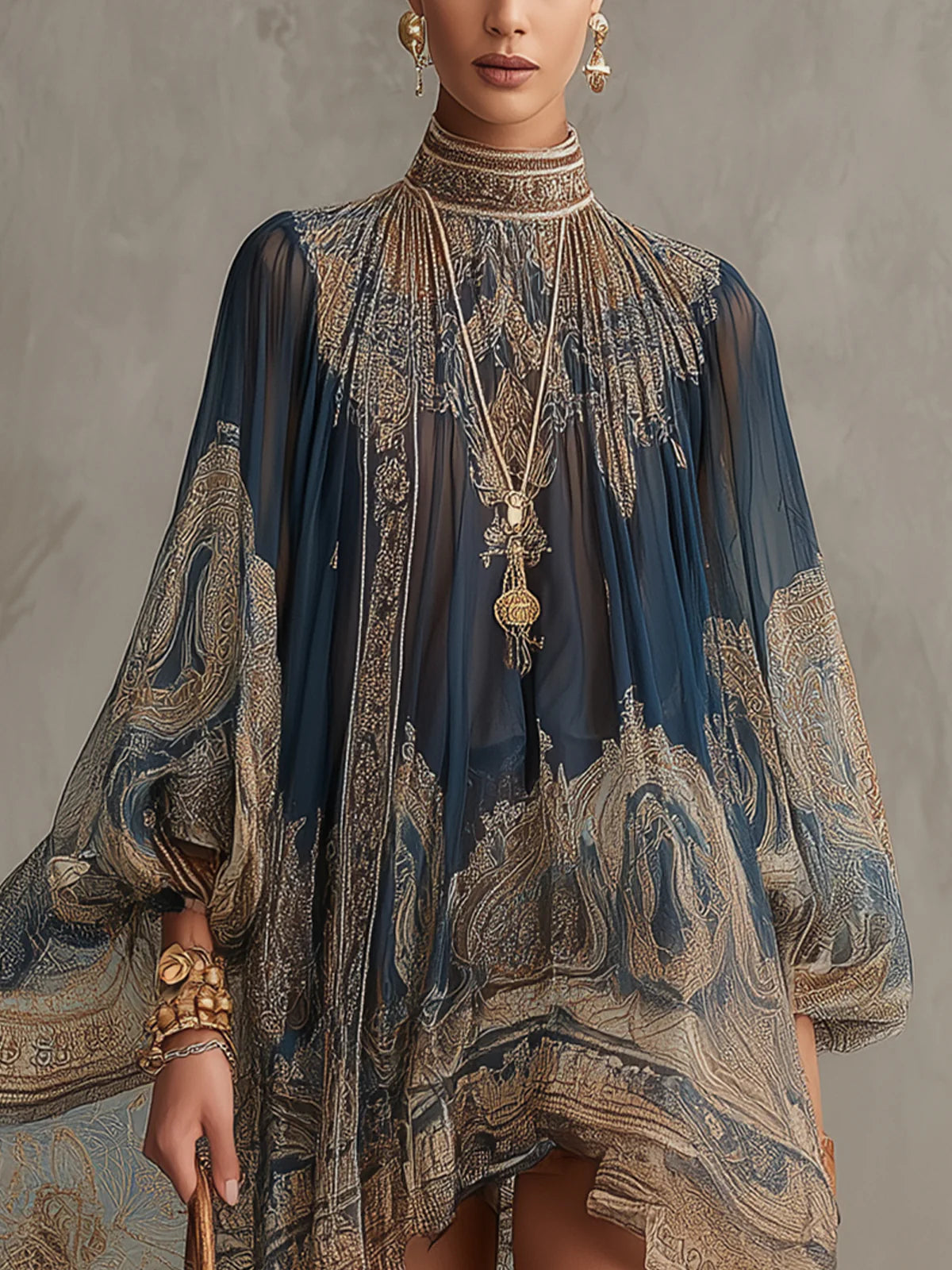 Izza - Navy Blue Baroque Print High-Neck Irregular Chiffon Mini Dress