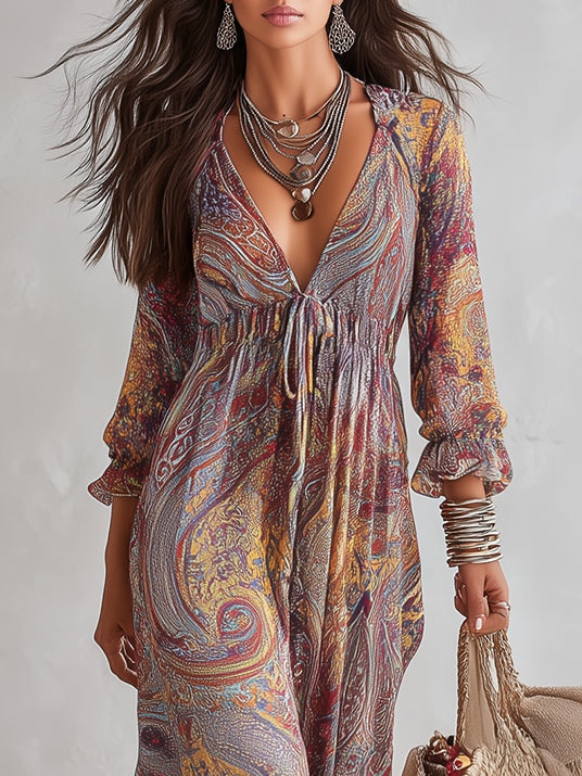 Fany - Paisley Print V-Neck Gathered Chiffon Maxi Dress