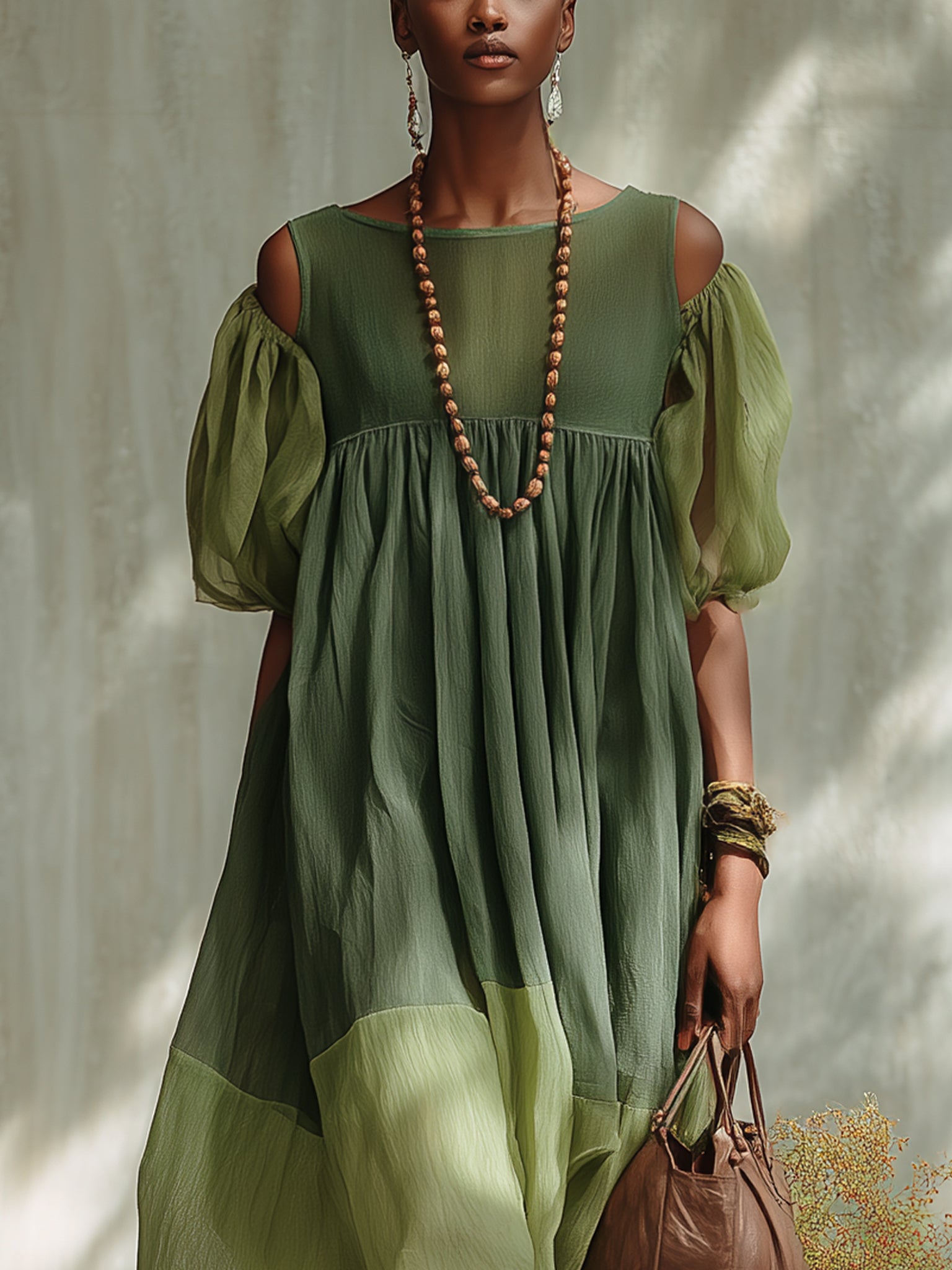 Lanna - Green Off-Shoulder Short-Sleeve Chiffon Midi Dress