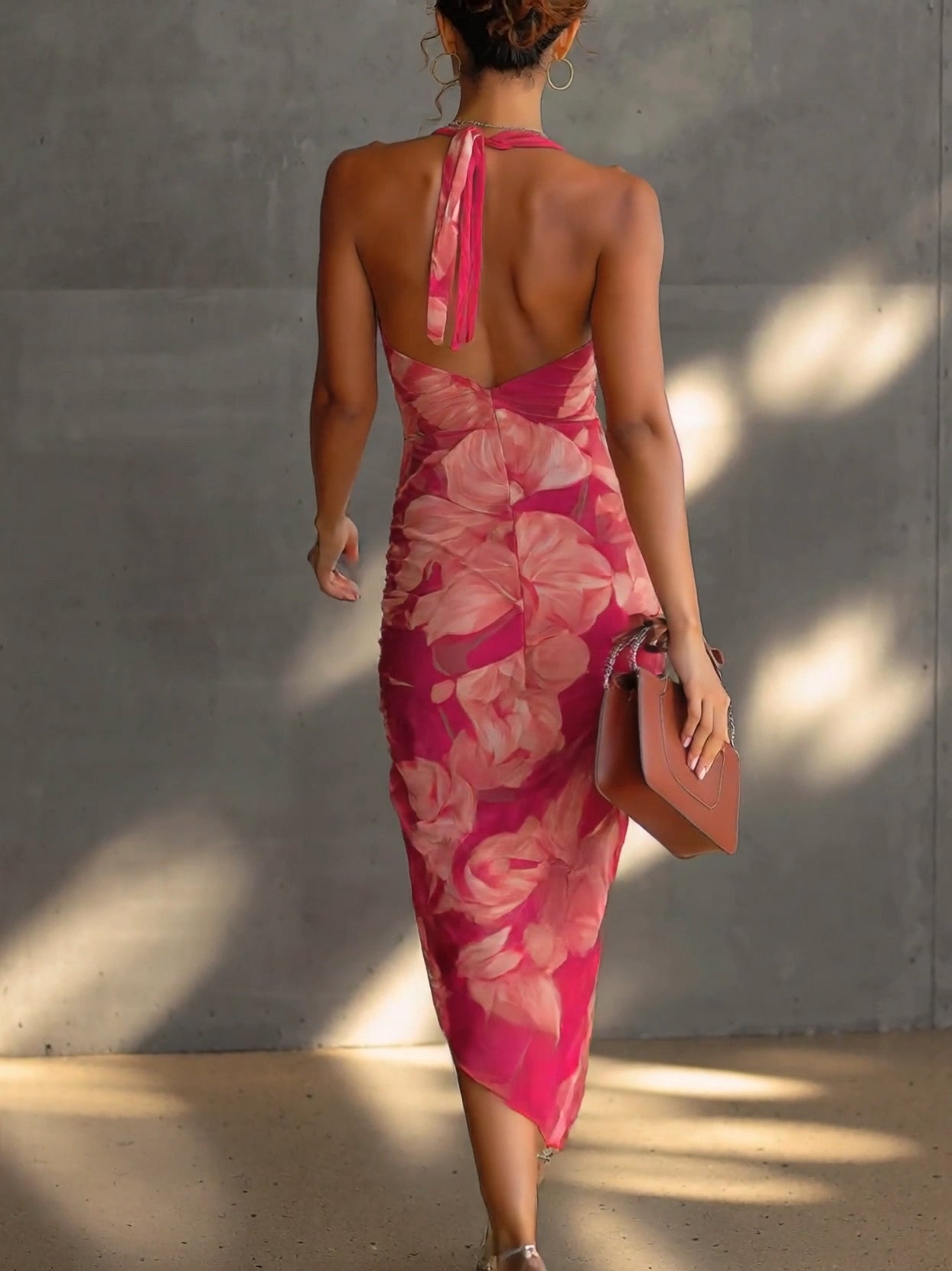 Dalia - Fuchsia Floral Print Ruched Side Split Bodycon Dress