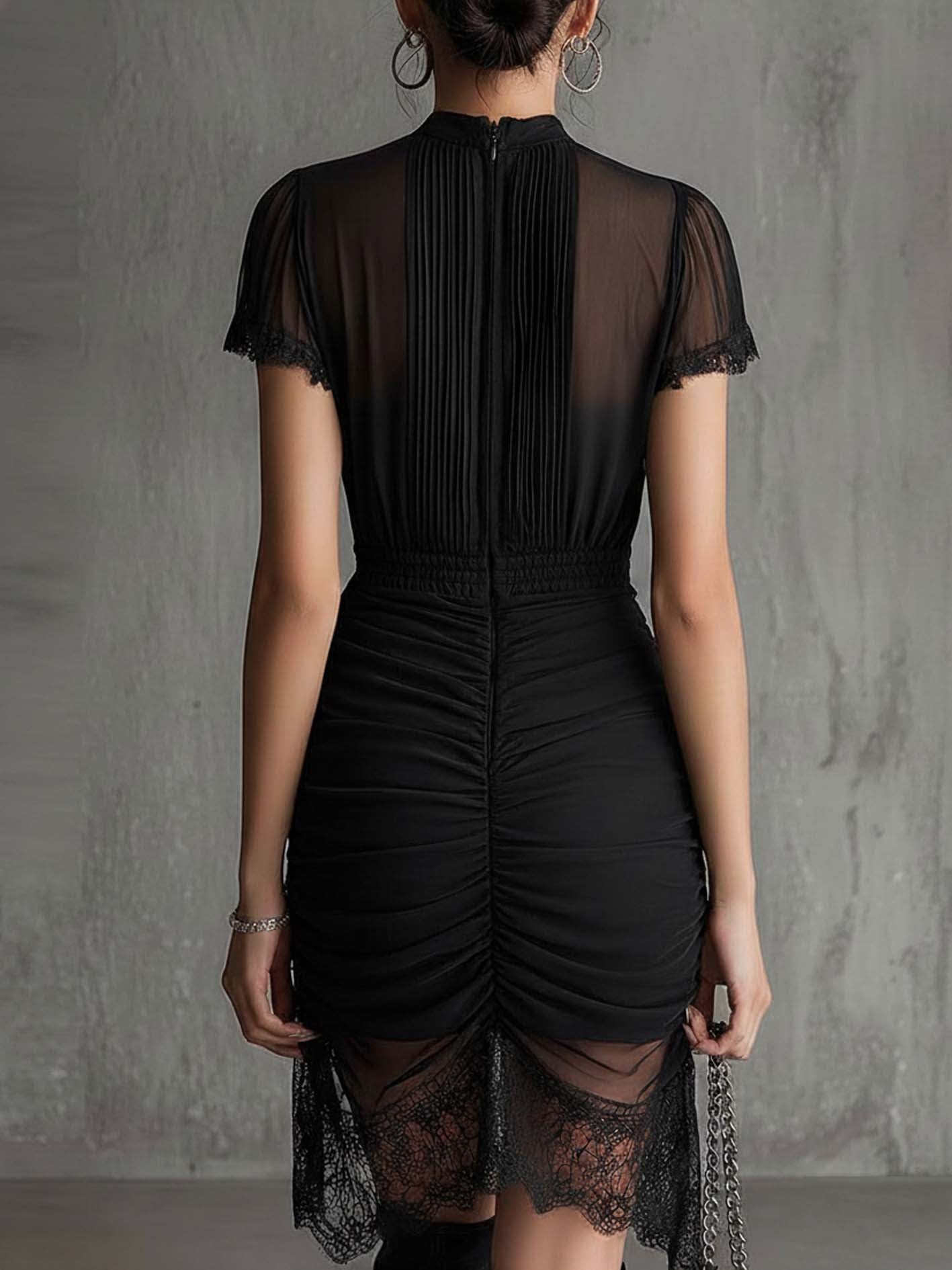 Jena - Black Chiffon Pleated Waist Lace-trimmed Mini Dress