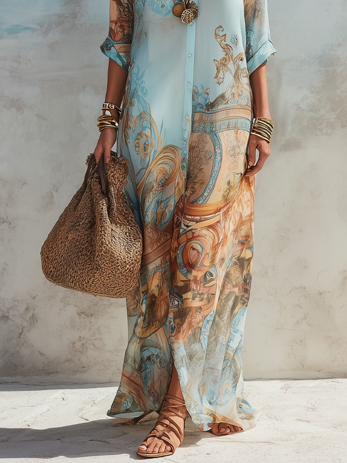 Leia - Vacation Blue Floral Print Shirt Maxi Dress