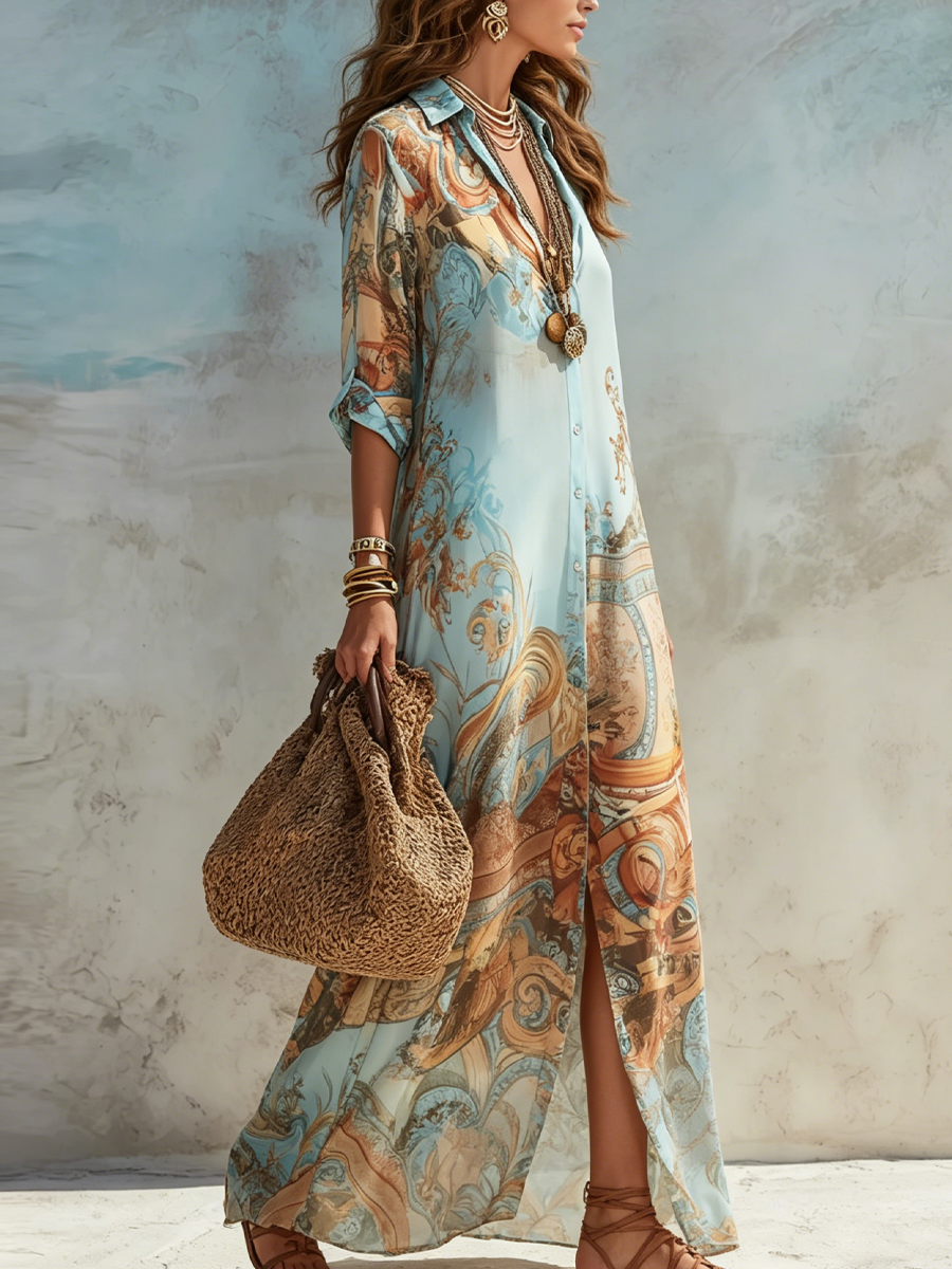 Leia - Vacation Blue Floral Print Shirt Maxi Dress