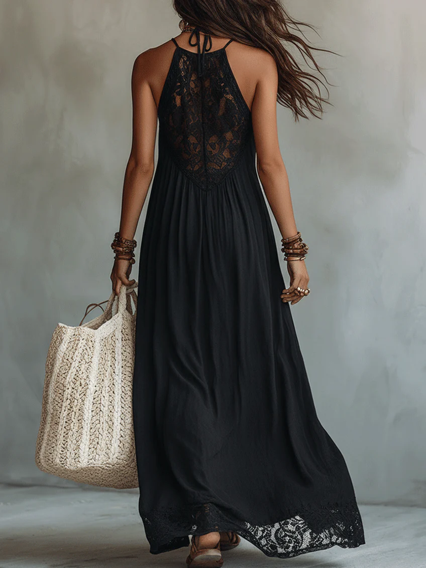 Jennie - Bohemian Black Sleeveless Lace-Trimmed Maxi Dress