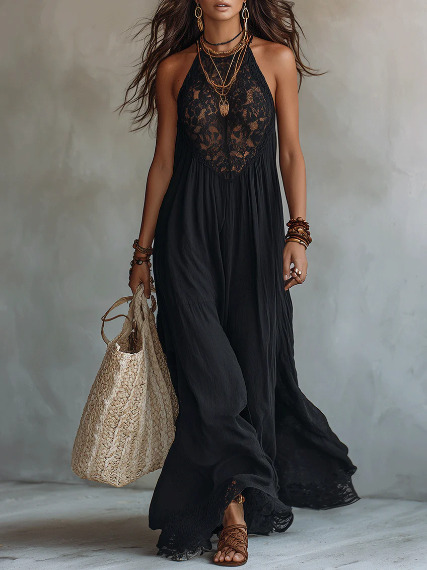 Jennie - Bohemian Black Sleeveless Lace-Trimmed Maxi Dress