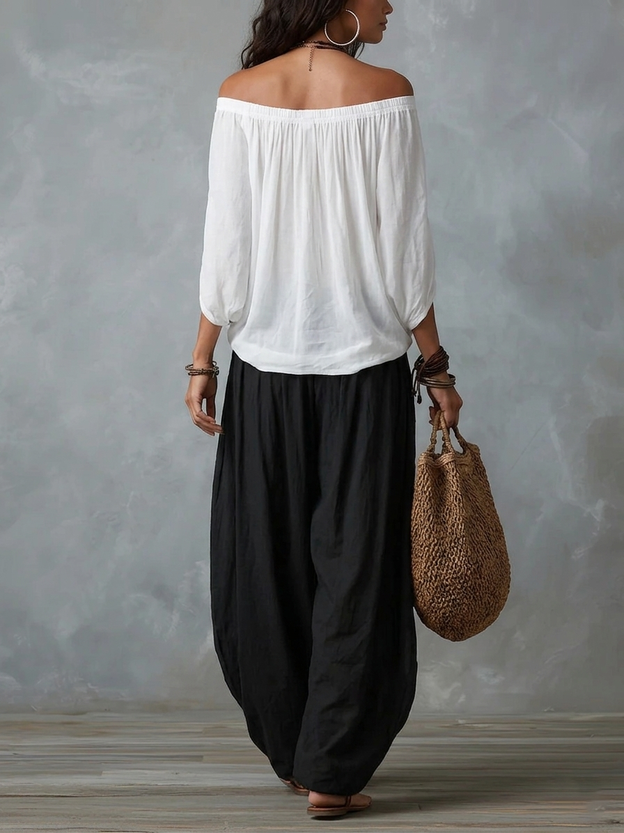 Jela - White Off-Shoulder Top and Loose-Fitting Pants Set