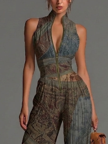 Joyce - Bohemian Ethnic Print Pleated Wide-Leg Chiffon Jumpsuit