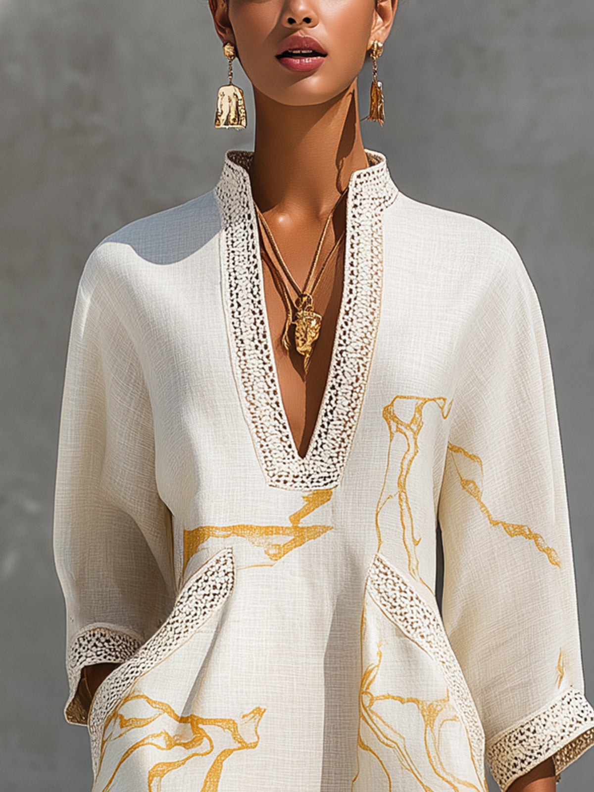 Rita - Ivory & Gold Printed Crochet Lace V-Neck Mini Dress