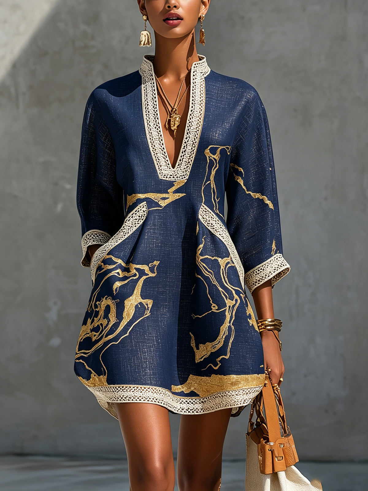 Winny - Navy & Gold Printed Crochet Lace V-Neck Mini Dress