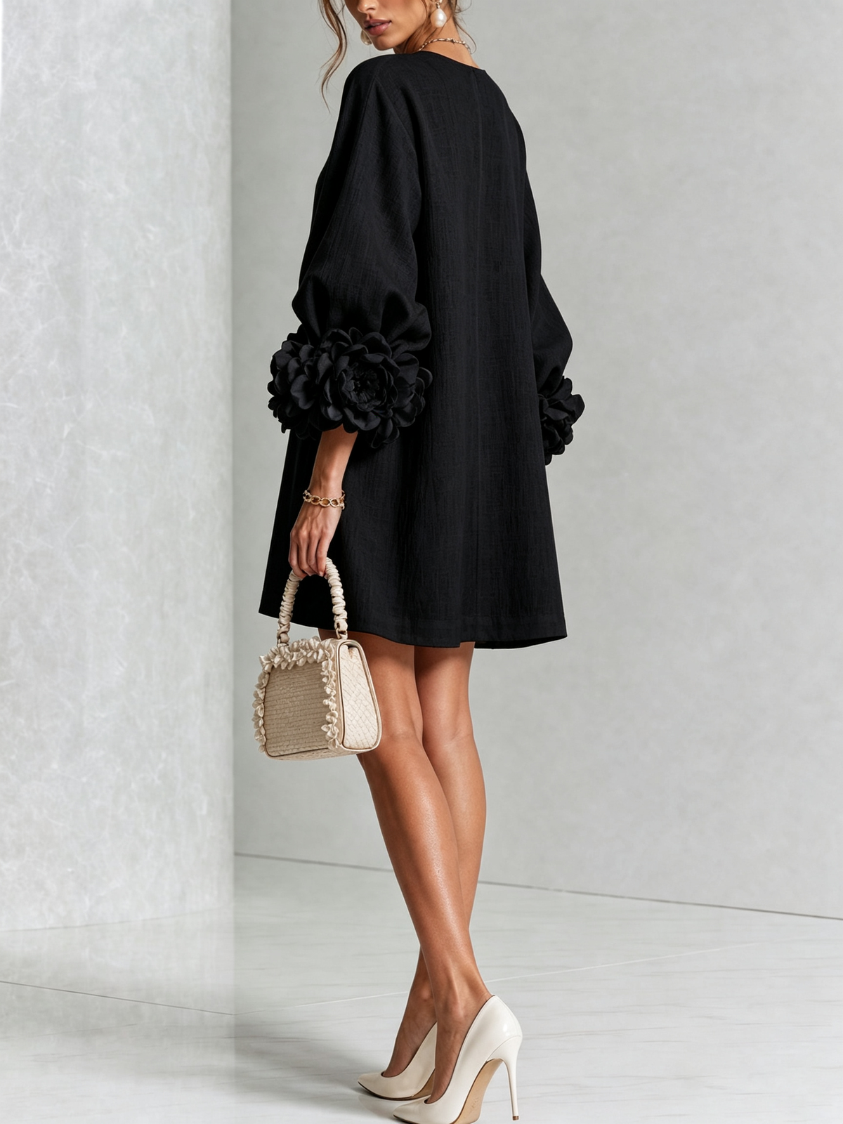 Amber – Black Linen Blend Mini Dress with Rose Cuffs