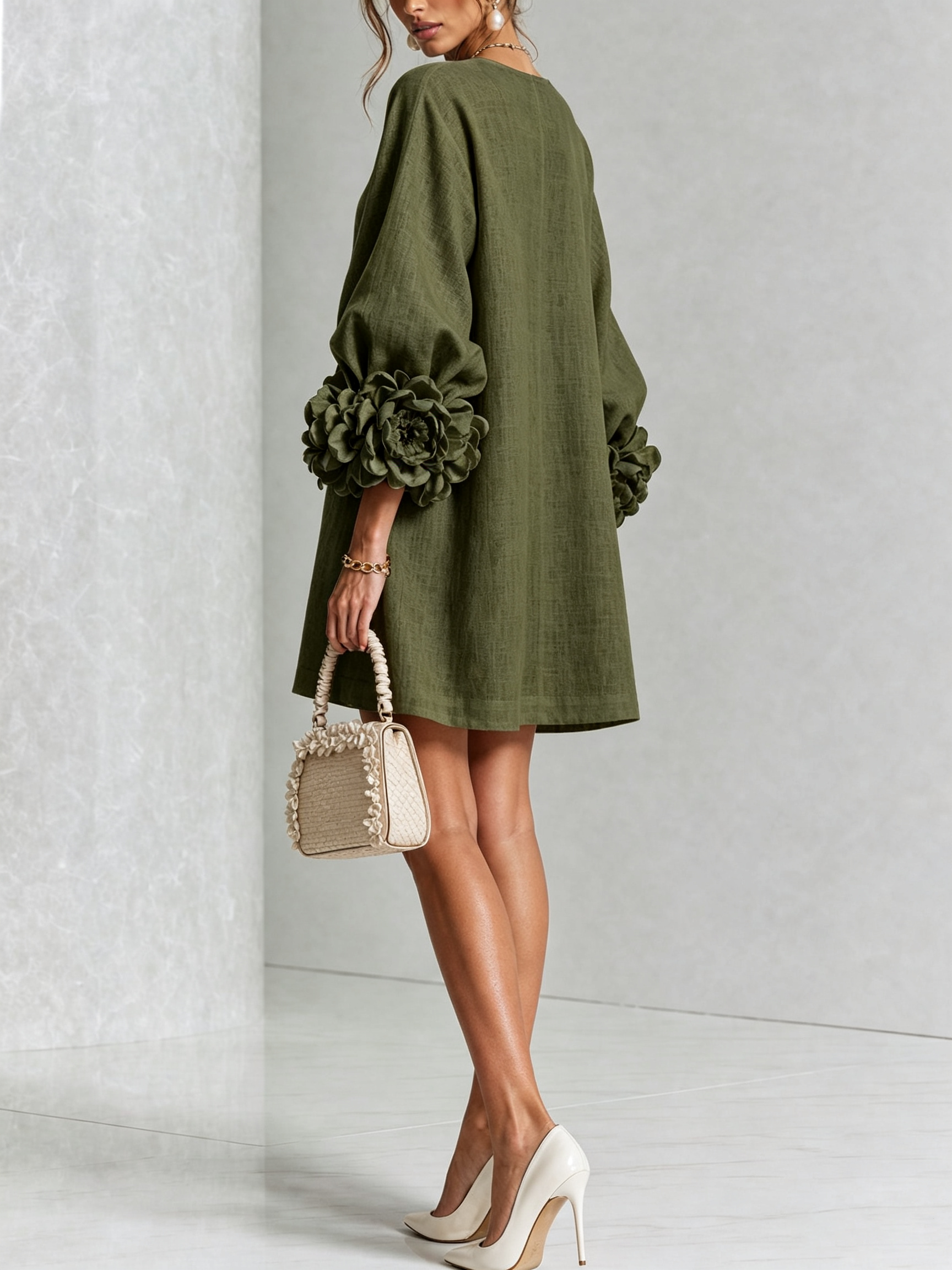 Fatima - Olive Floral Button-Down Mini Dress with Statement Sleeves