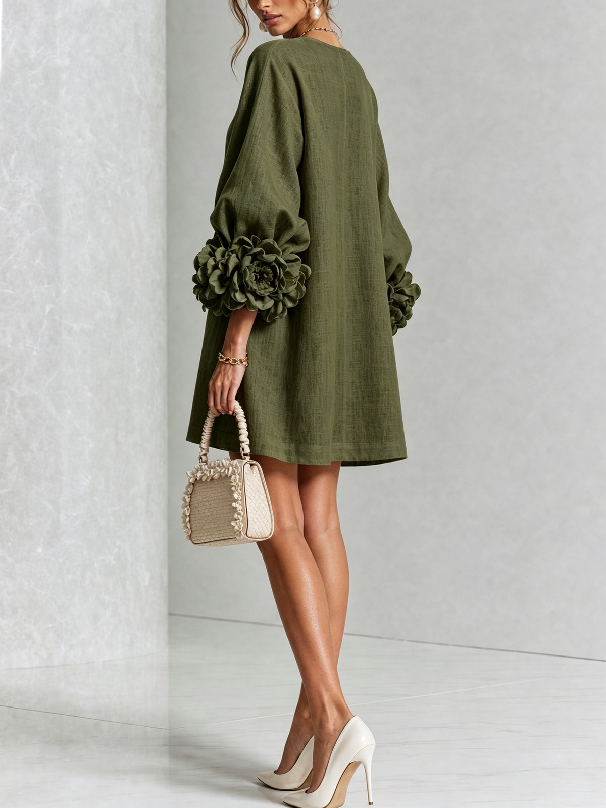 Arielle – Olive Green Linen Blend Mini Dress with Rose Cuffs