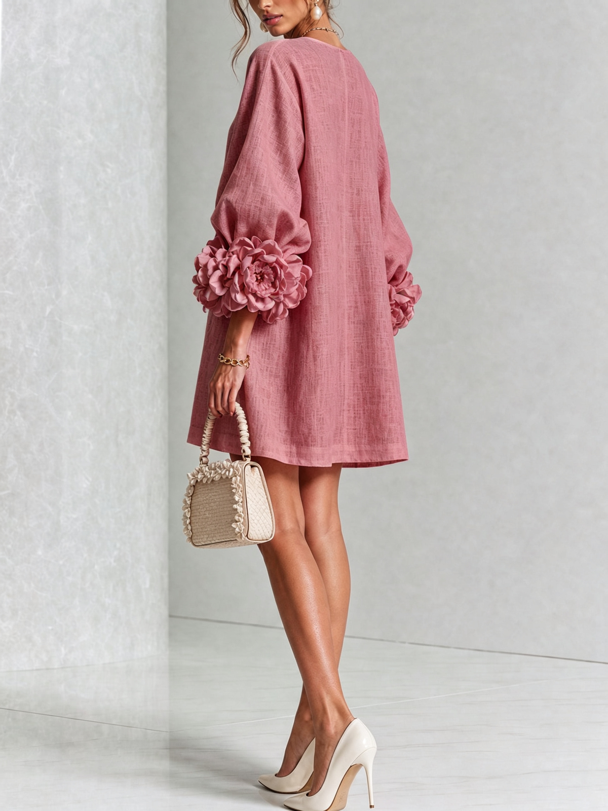 Genevieve – Dusty Rose Linen Blend Mini Dress with Rose Cuffs