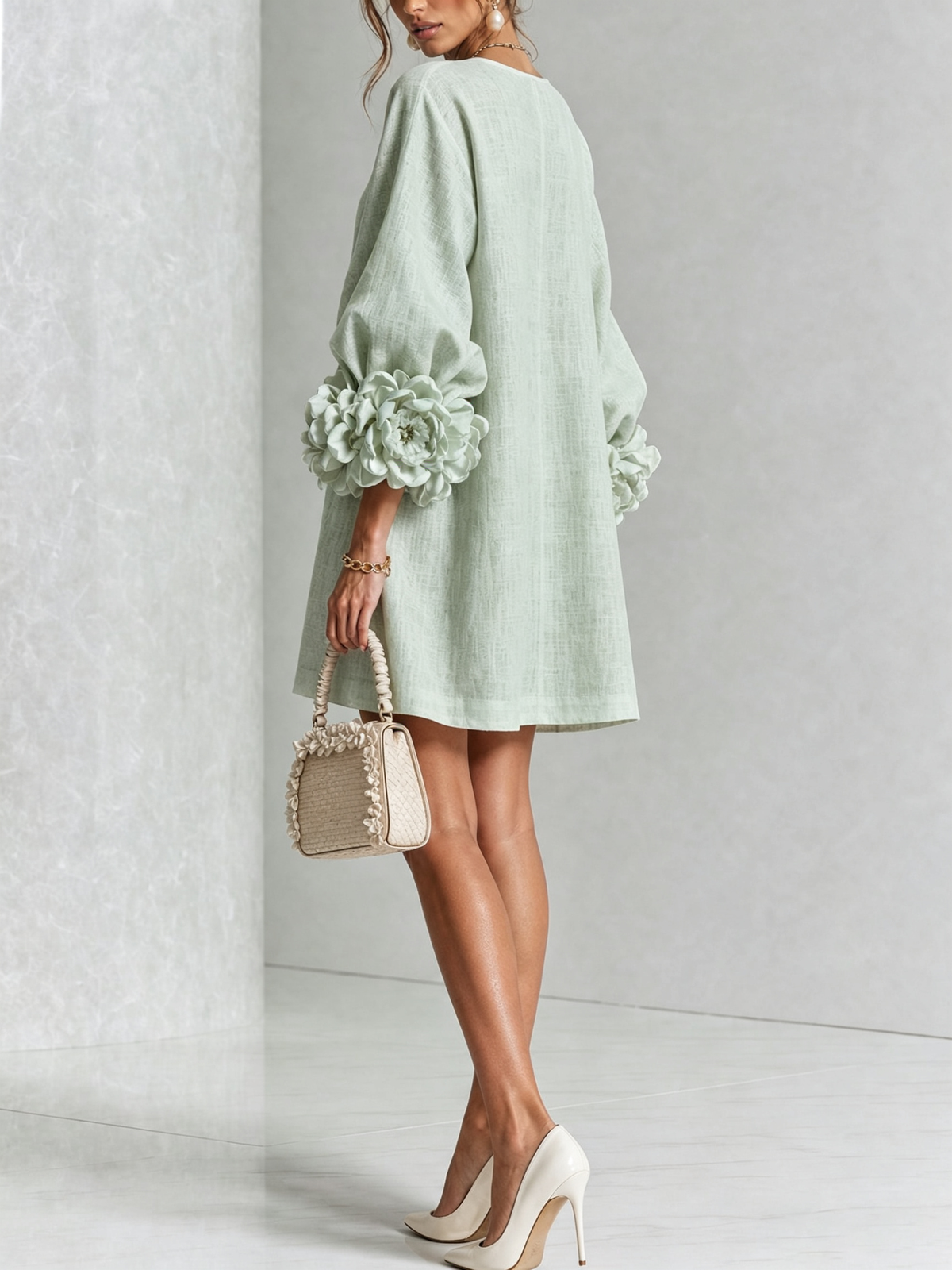 Mackenzie – Sage Green Linen Blend Mini Dress with Rose Cuffs