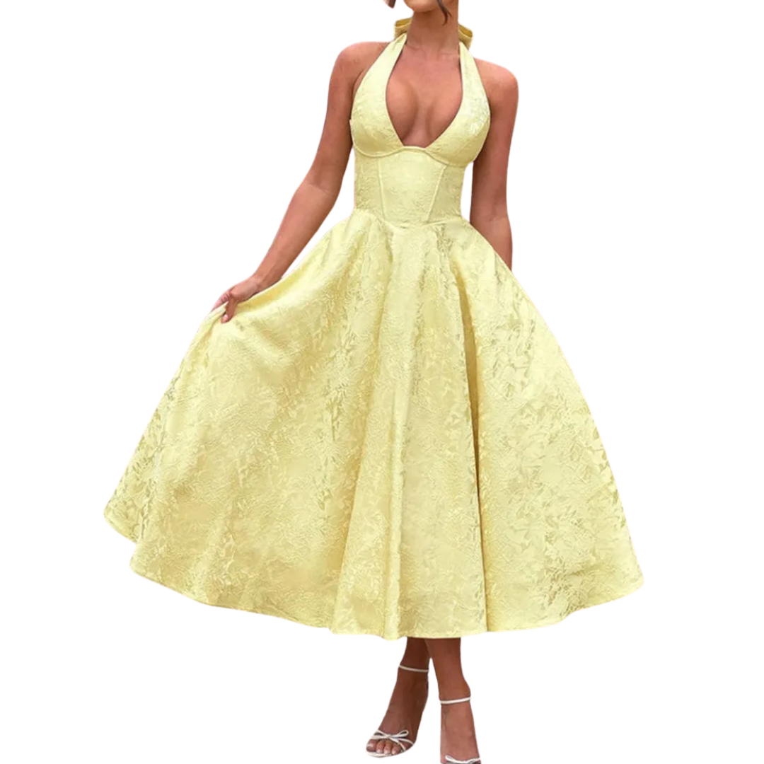 Loraine - Embroidered Halter V-Neck Gown