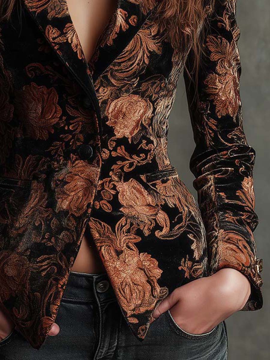 Kara - Women’s Black And Bronze Floral Print Tailored Blazer