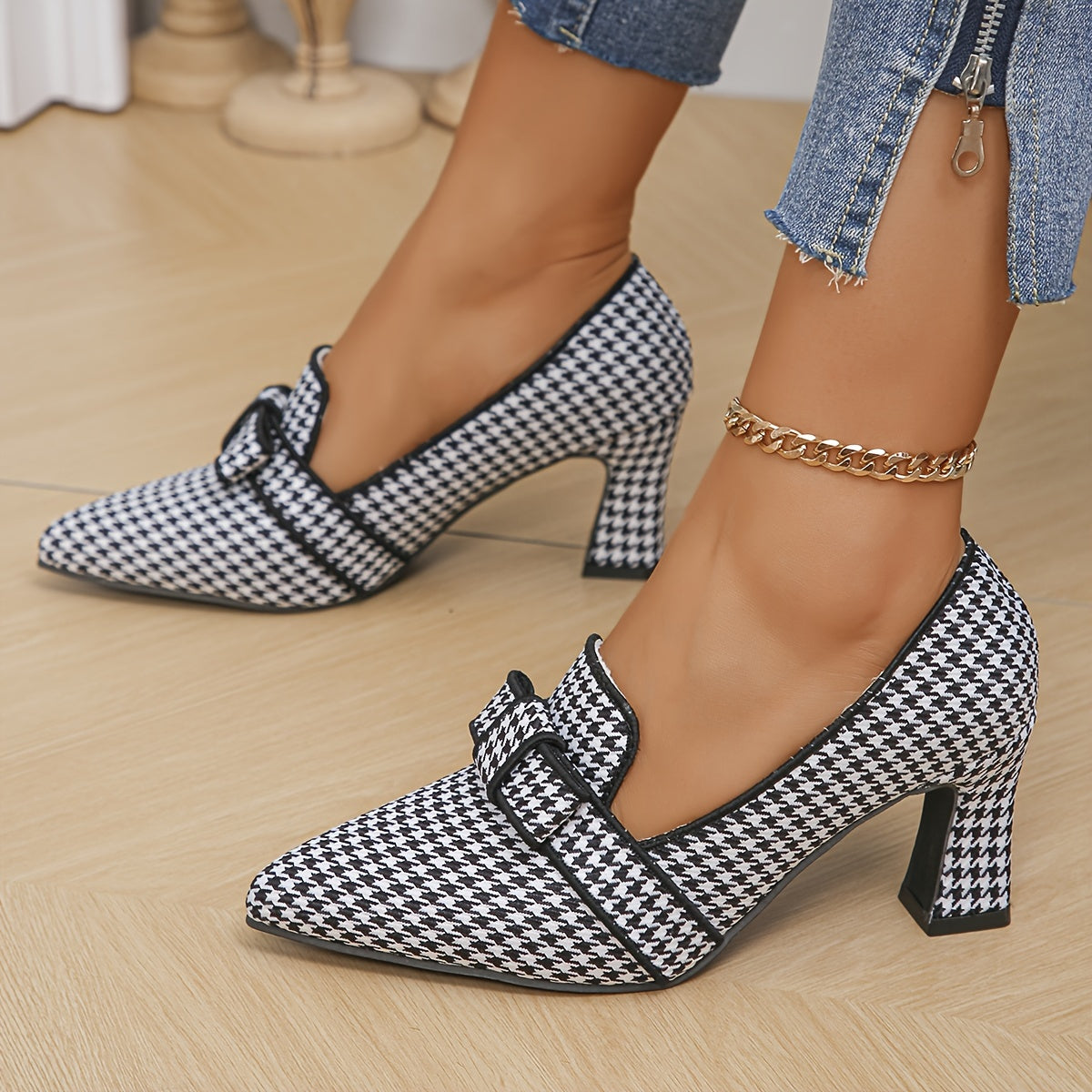 Emanuelle – Structured Elegance Houndstooth Heels