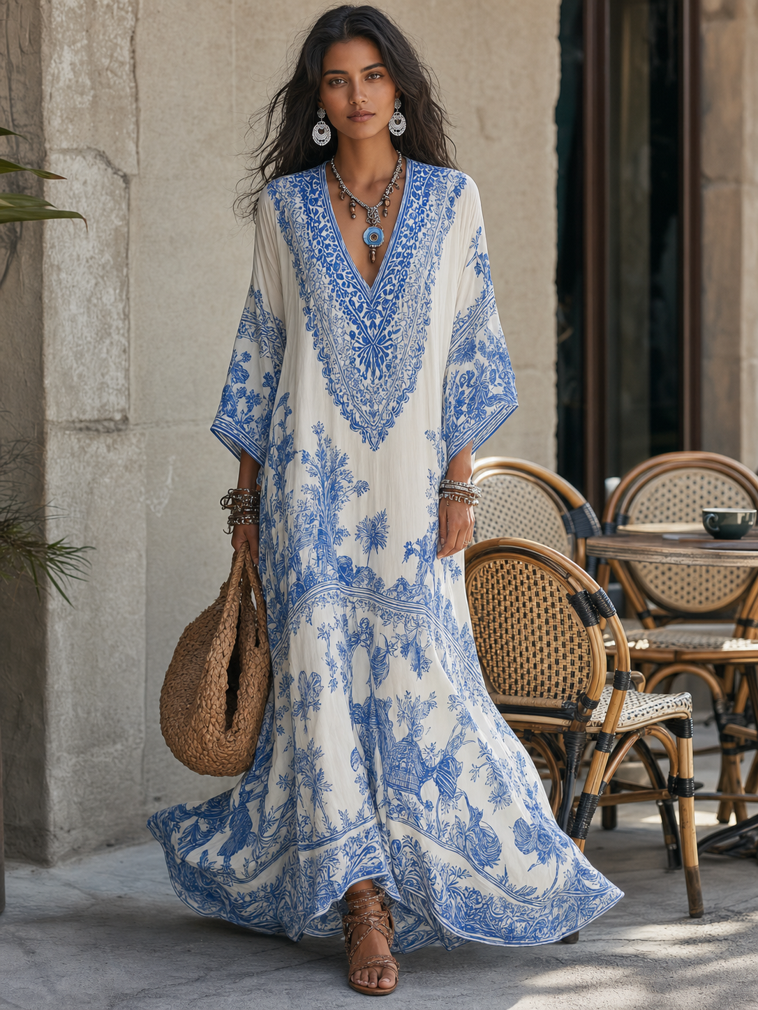 Celeste – Blue Porcelain Print Kaftan Dress
