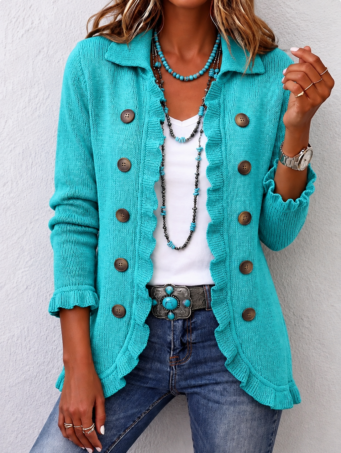 Chloe – Turquoise Vintage-Inspired Frill Cardigan