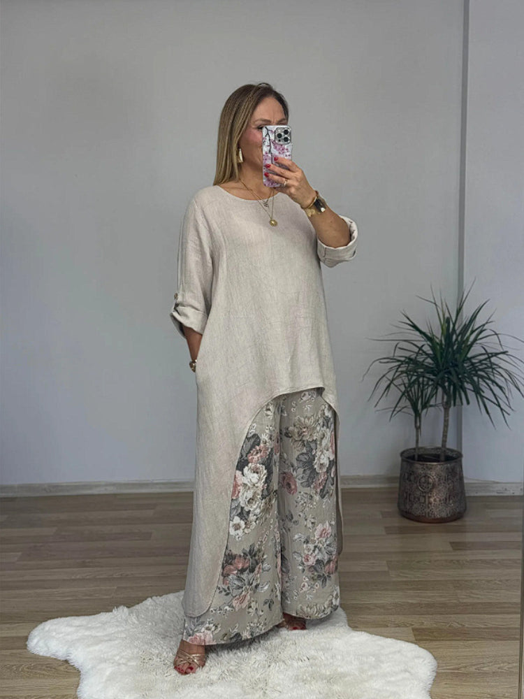 Laine – Long-Sleeved Top and Printed Wide-Leg Pants Set
