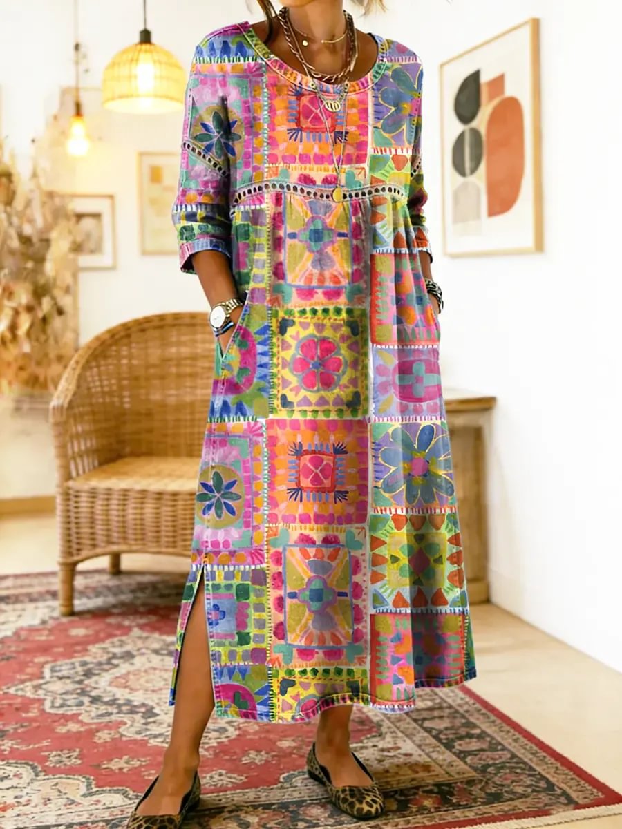 Fellie - Printed Dress with Ethnic Patchwork
