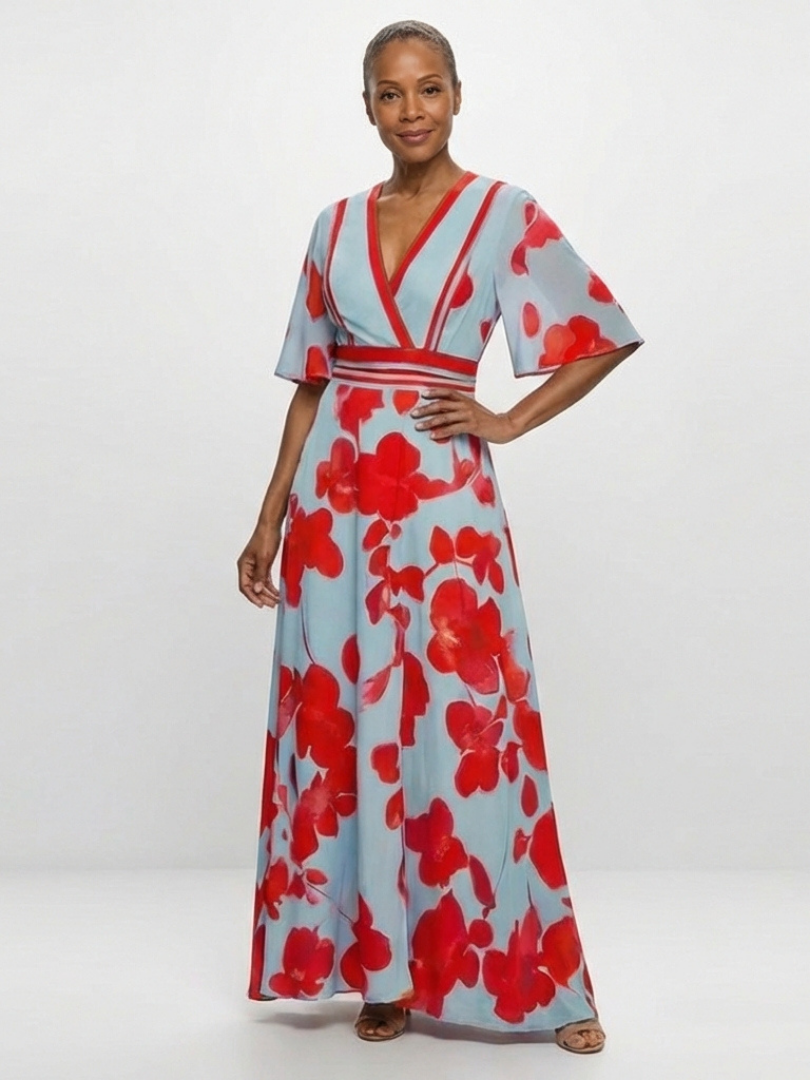 Coline - V-Neck Short Sleeve Floral Maxi Dress