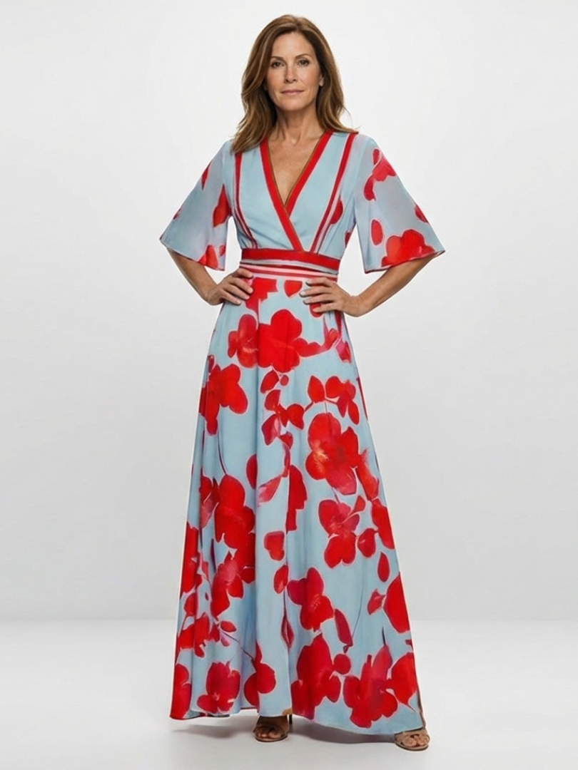 Coline - V-Neck Short Sleeve Floral Maxi Dress